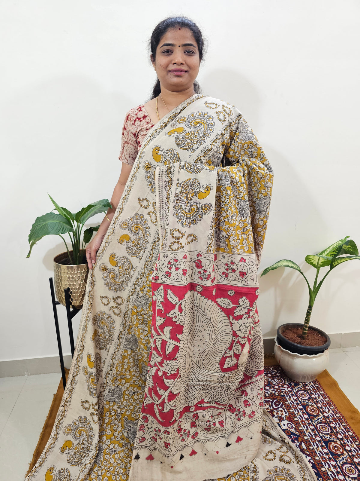 Cotton Kalamkari Saree - Yellow with Pink