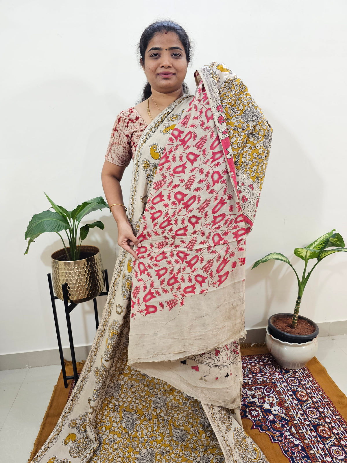 Cotton Kalamkari Saree - Yellow with Pink