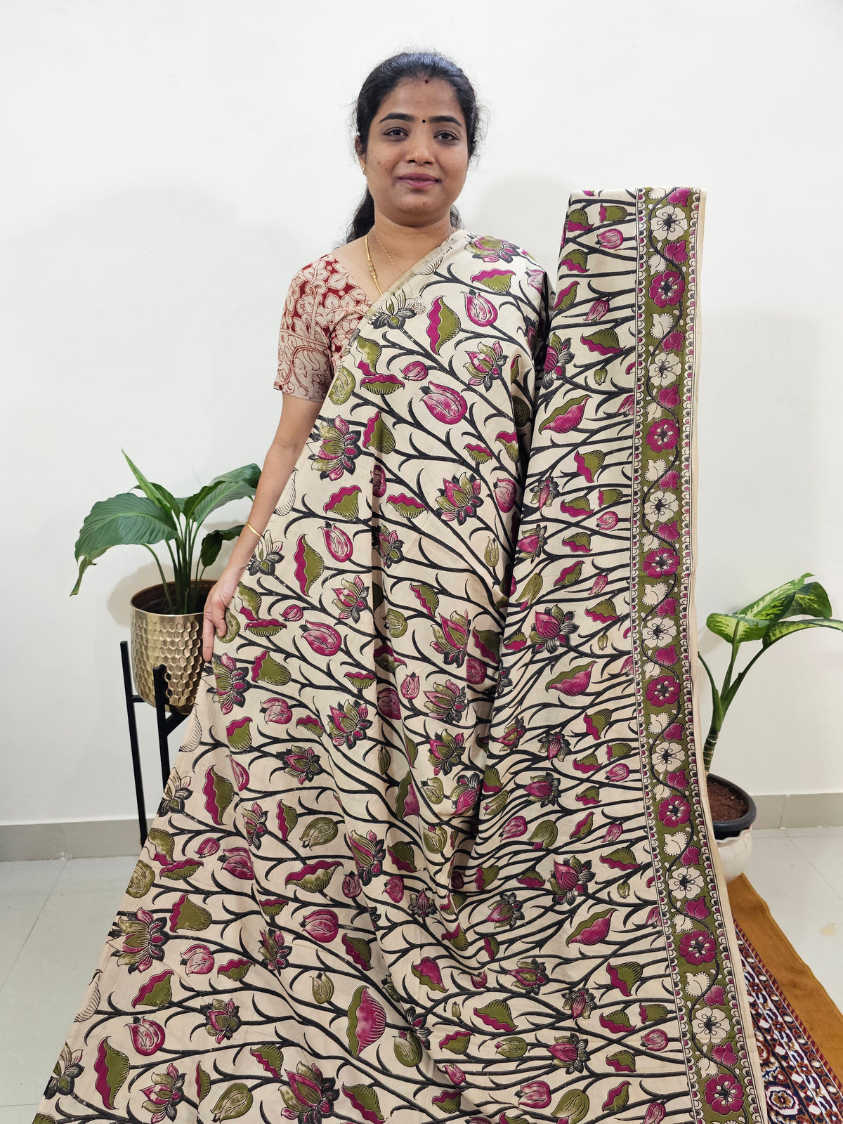 Cotton Kalamkari Saree - Green  with Pink