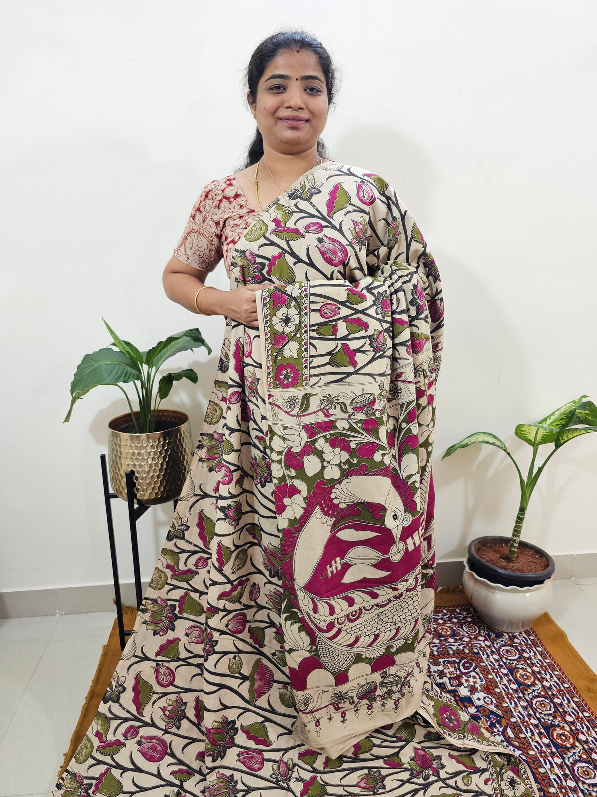 Cotton Kalamkari Saree - Green  with Pink