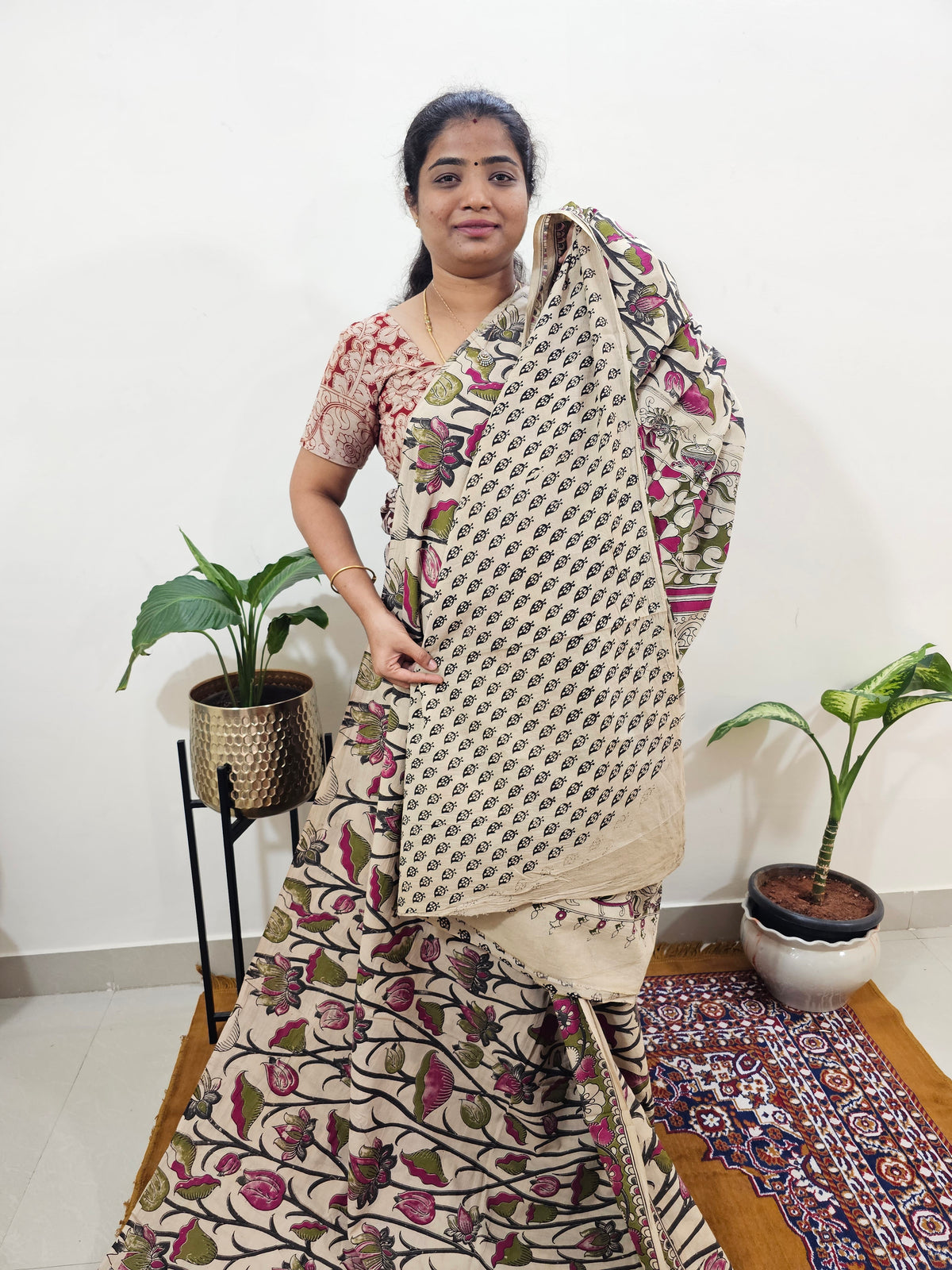 Cotton Kalamkari Saree - Green  with Pink