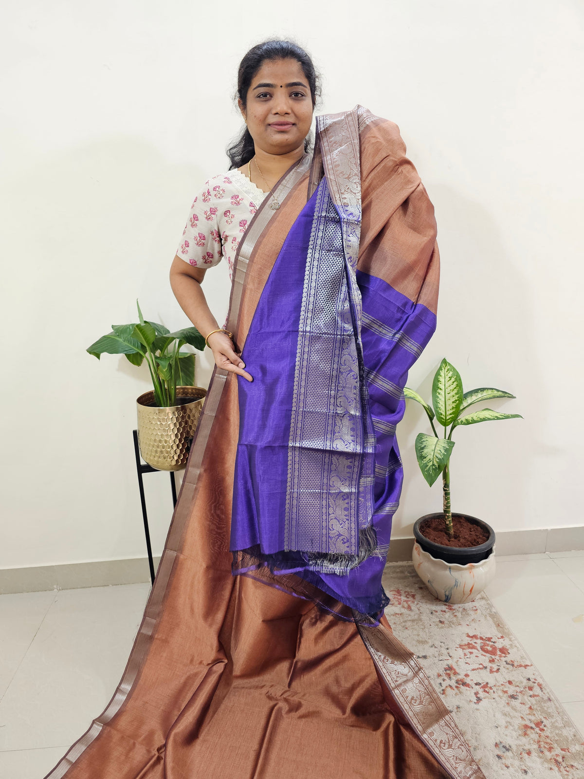 Handwoven Mangalagiri Pattu Saree - Dark Peach with Lavender