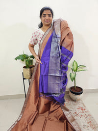 Handwoven Mangalagiri Pattu Saree - Dark Peach with Lavender