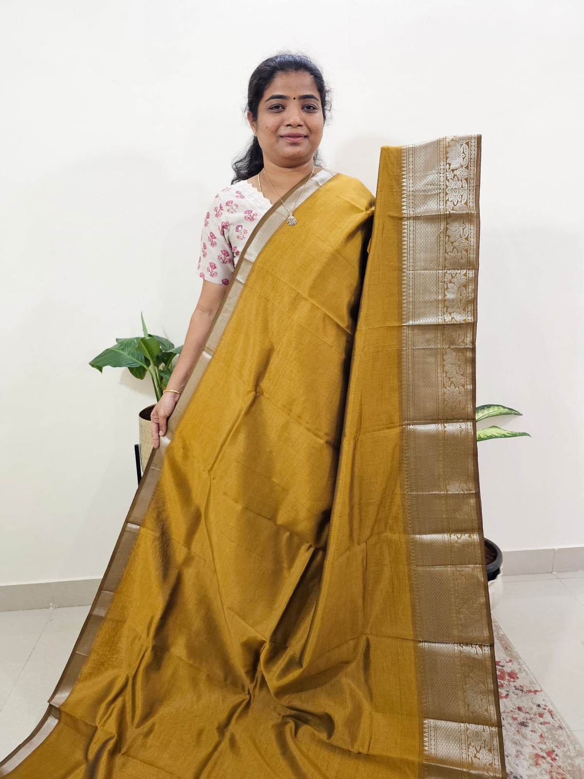 Handwoven Mangalagiri Pattu Saree - Mustard Yellow with Purple