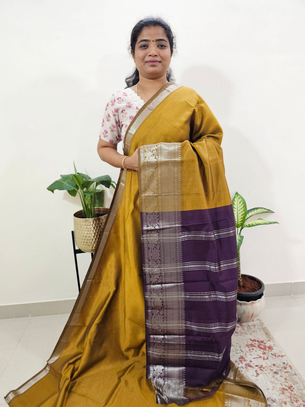 Handwoven Mangalagiri Pattu Saree - Mustard Yellow with Purple