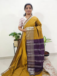 Handwoven Mangalagiri Pattu Saree - Mustard Yellow with Purple