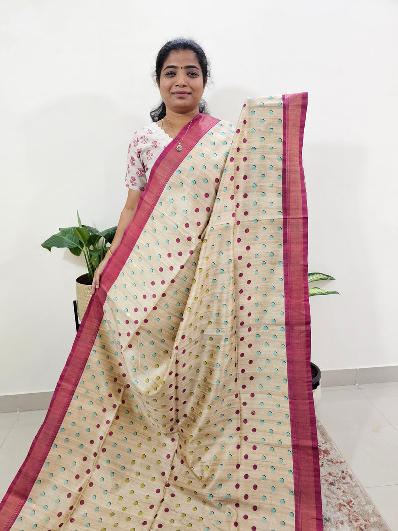 Soft Semi Tussar Weaving with Soft Zari Border - Cream with Pink
