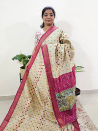 Soft Semi Tussar Weaving with Soft Zari Border - Cream with Pink