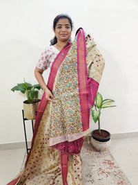 Soft Semi Tussar Weaving with Soft Zari Border - Cream with Pink