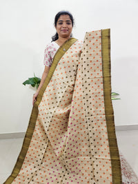 Soft Semi Tussar Weaving with Soft Zari Border - Cream with Mehndi Green