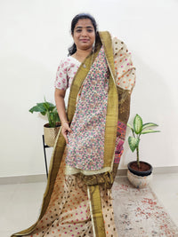 Soft Semi Tussar Weaving with Soft Zari Border - Cream with Mehndi Green