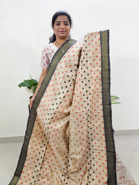 Soft Semi Tussar Weaving with Soft Zari Border - Cream with Grey