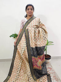 Soft Semi Tussar Weaving with Soft Zari Border - Cream with Grey