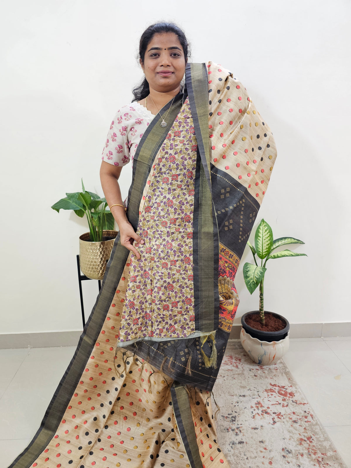 Soft Semi Tussar Weaving with Soft Zari Border - Cream with Grey