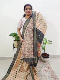Soft Semi Tussar Weaving with Soft Zari Border - Cream with Grey