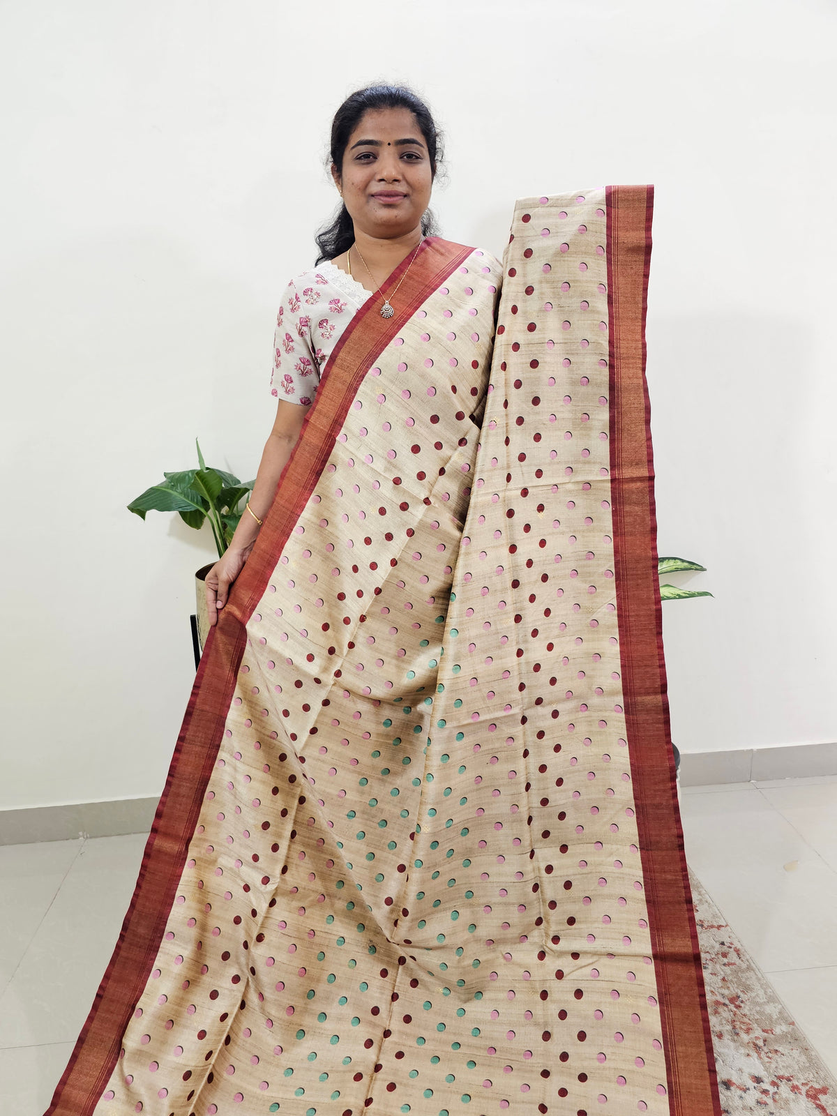 Soft Semi Tussar Weaving with Soft Zari Border - Cream with Maroon
