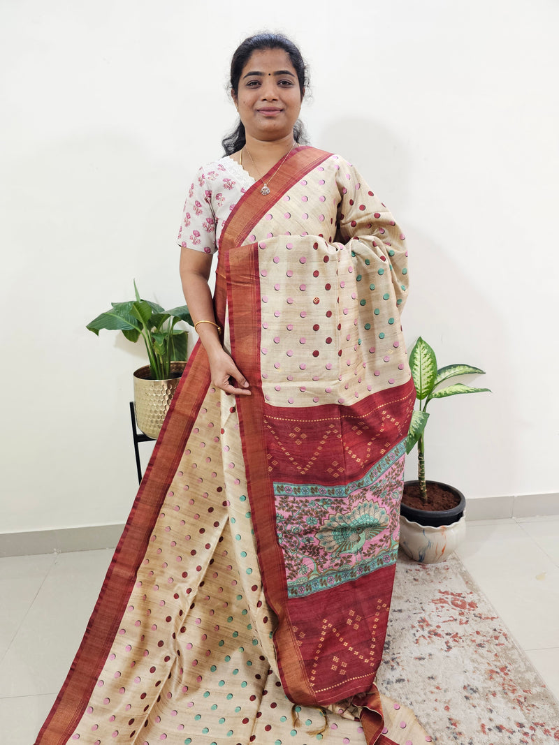 Soft Semi Tussar Weaving with Soft Zari Border - Cream with Maroon