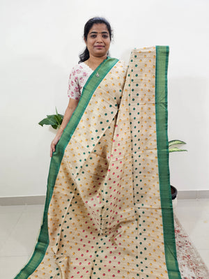 Soft Semi Tussar Weaving with Soft Zari Border - Cream with Sea Green