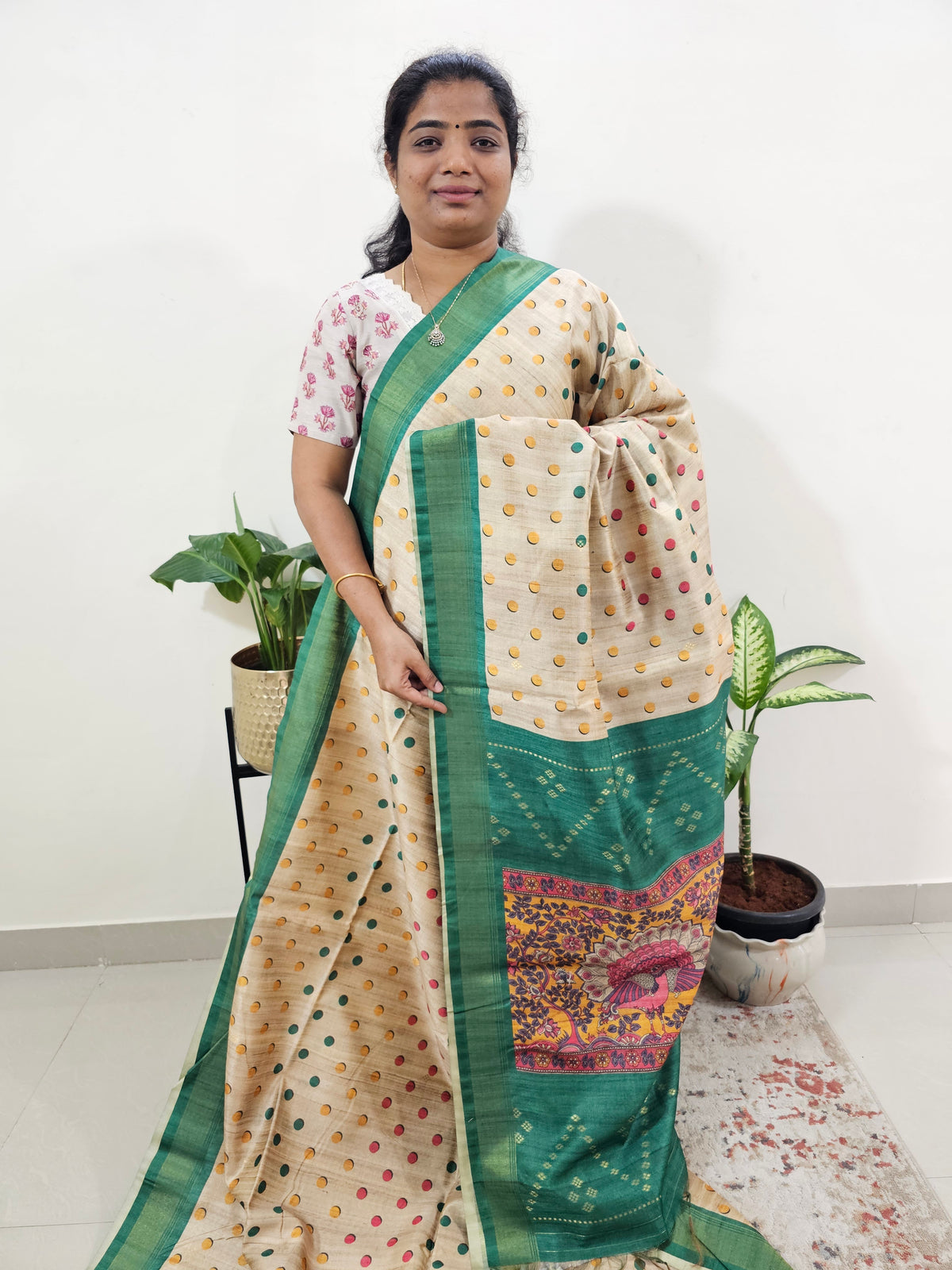 Soft Semi Tussar Weaving with Soft Zari Border - Cream with Sea Green