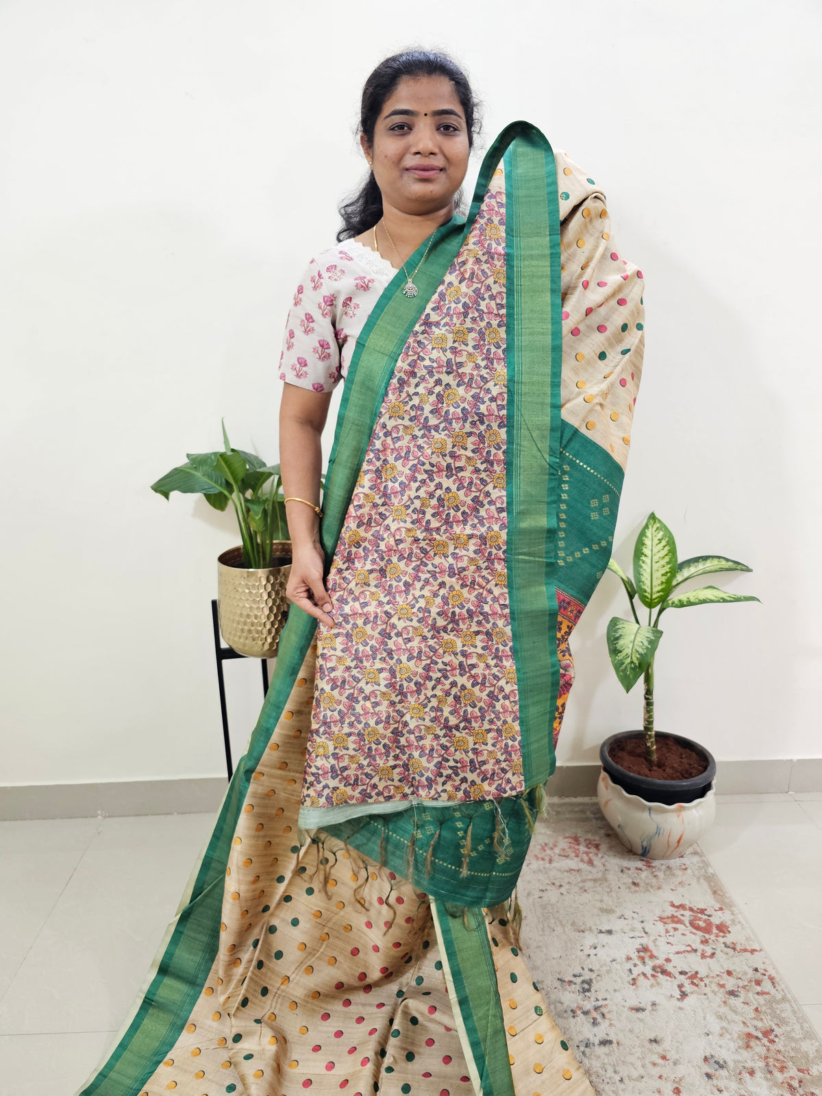 Soft Semi Tussar Weaving with Soft Zari Border - Cream with Sea Green