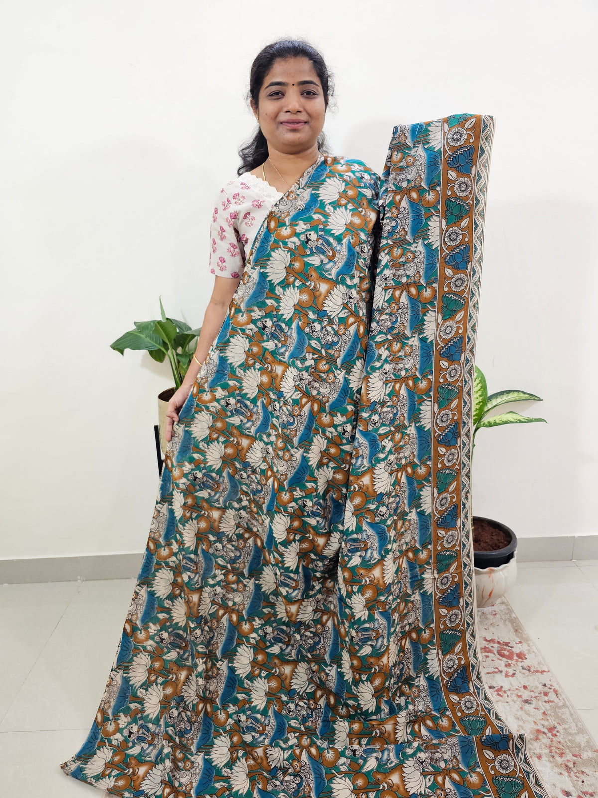 Cotton Kalamkari Saree - Sea Green with Blue