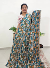 Cotton Kalamkari Saree - Sea Green with Blue