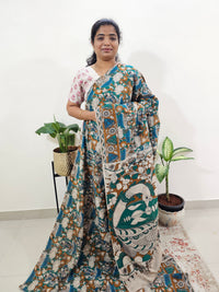 Cotton Kalamkari Saree - Sea Green with Blue