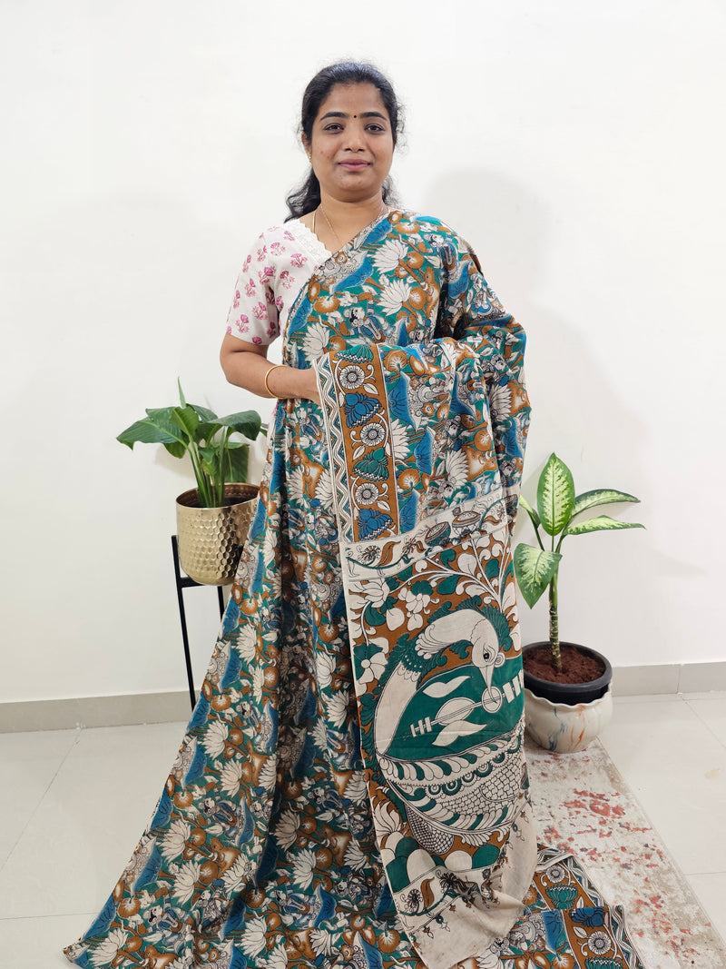 Cotton Kalamkari Saree - Sea Green with Blue