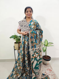 Cotton Kalamkari Saree - Sea Green with Blue