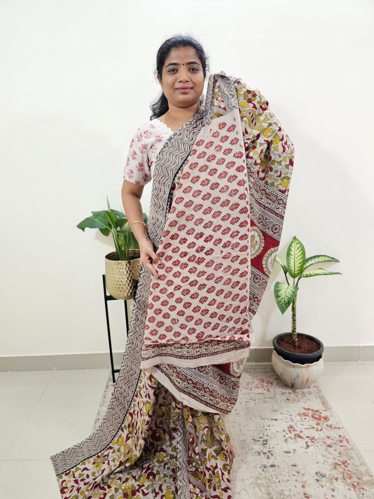 Cotton Kalamkari Saree - Red with Green
