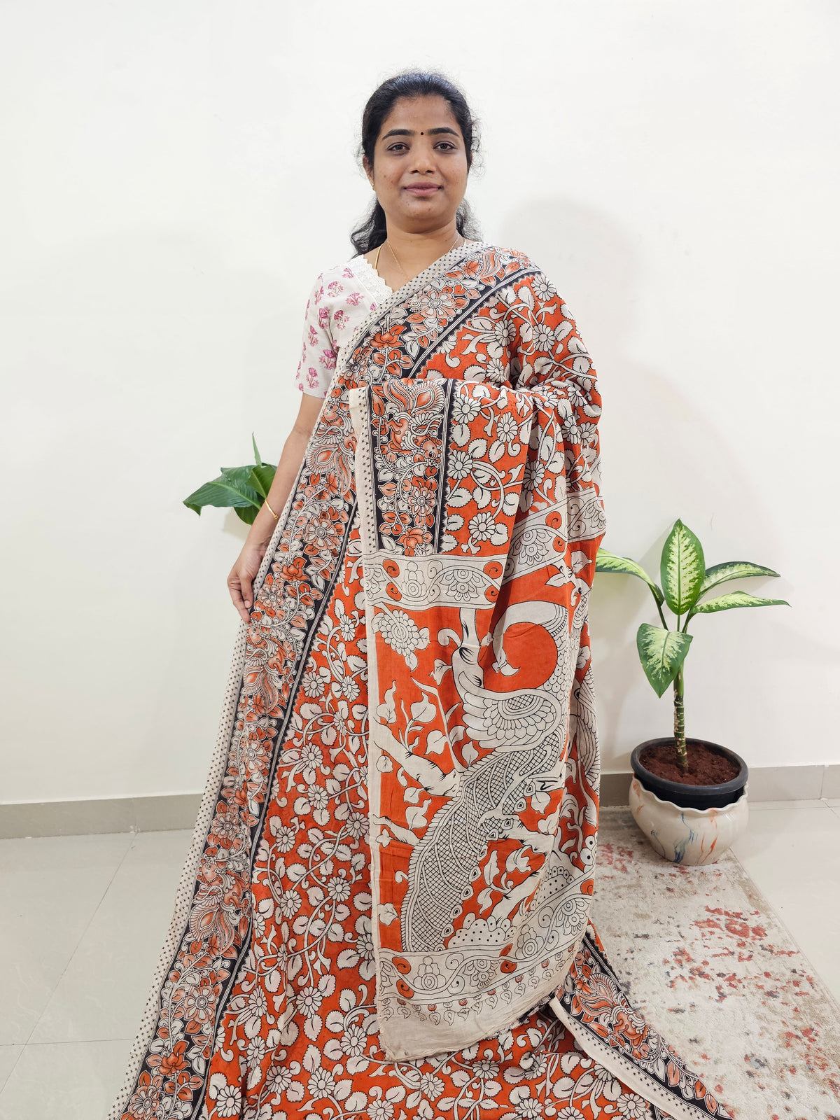 Cotton Kalamkari Saree - Orange