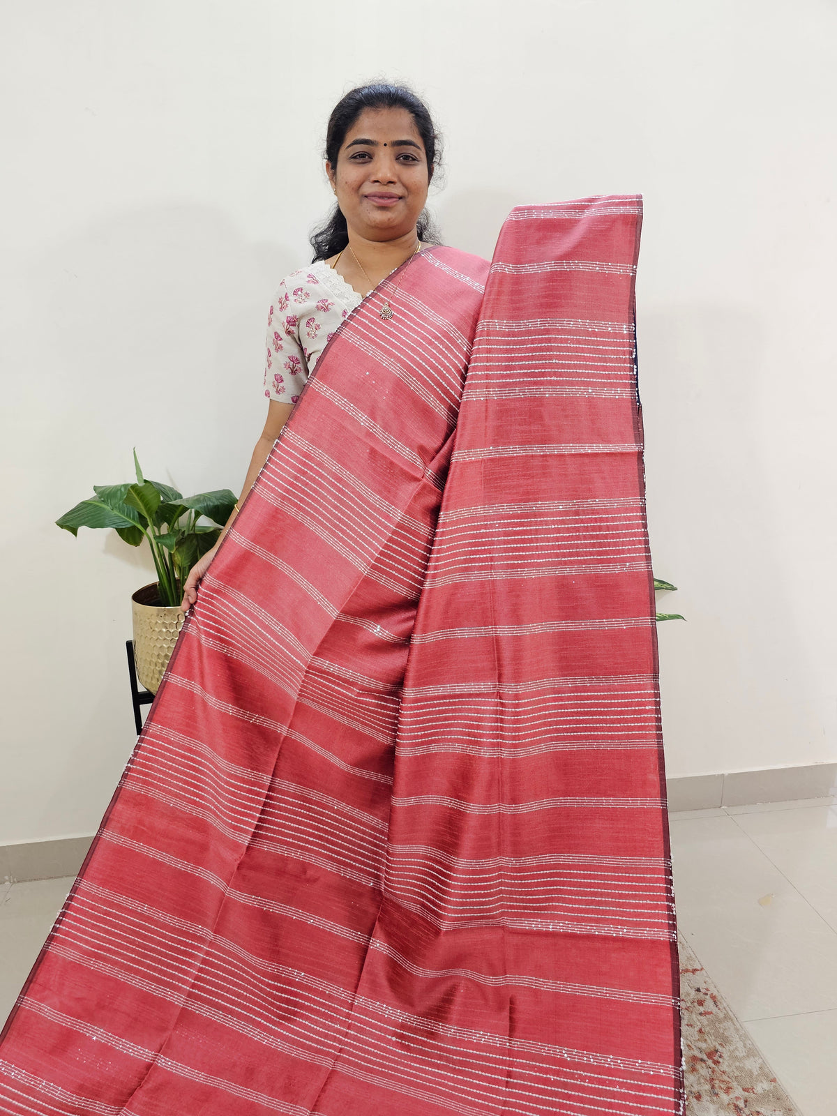 Semi Raw Silk Saree - Peach with Blue