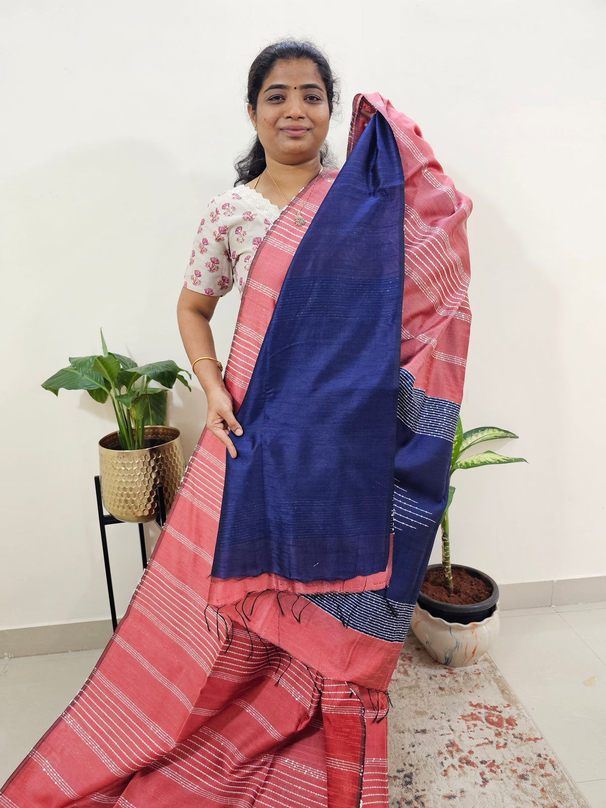 Semi Raw Silk Saree - Peach with Blue