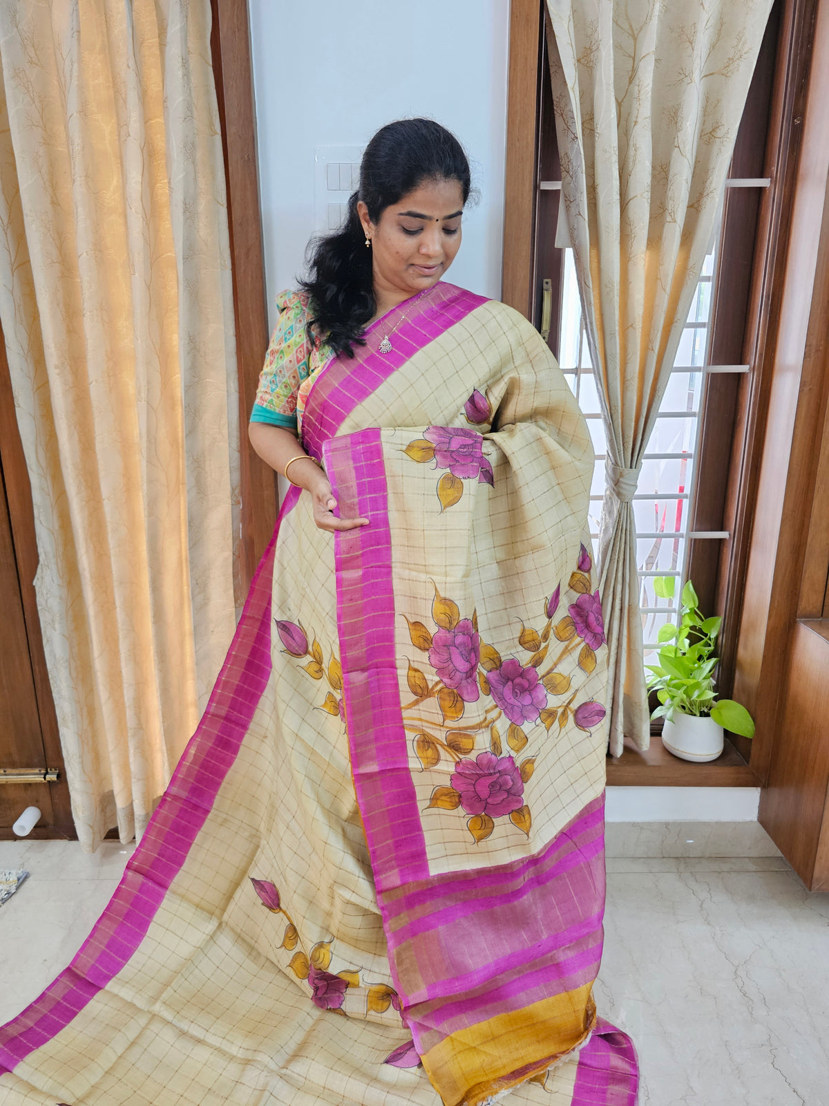 Pure Tussar Silk with Hand Paint - Tussar with Pink