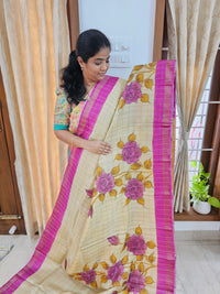 Pure Tussar Silk with Hand Paint - Tussar with Pink