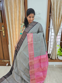 Pure Tussar Silk Saree with Zari Border - Black Stripe with Pink Border