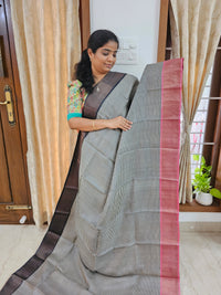 Pure Tussar Silk Saree with Zari Border - Black Stripe with Pink Border