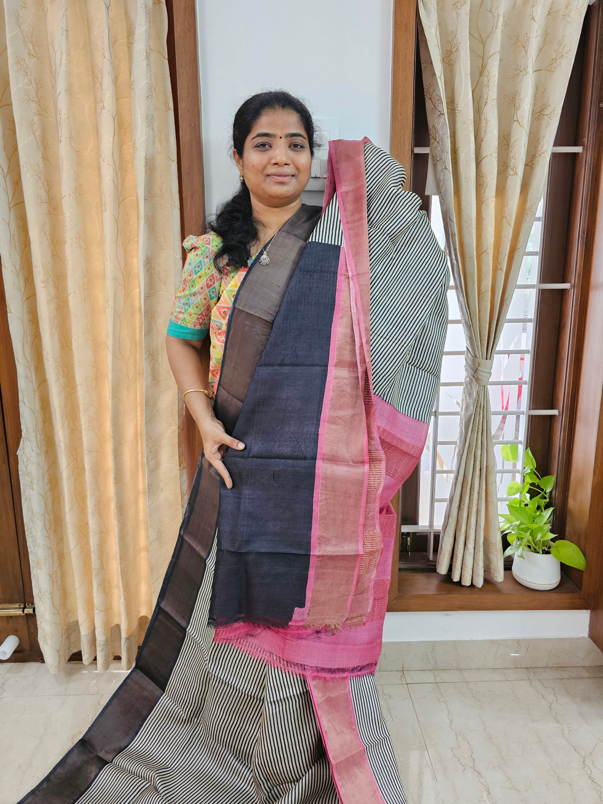 Pure Tussar Silk Saree with Zari Border - Black Stripe with Pink Border