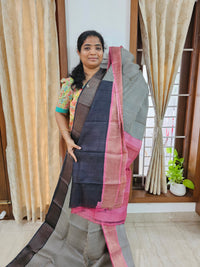 Pure Tussar Silk Saree with Zari Border - Black Stripe with Pink Border