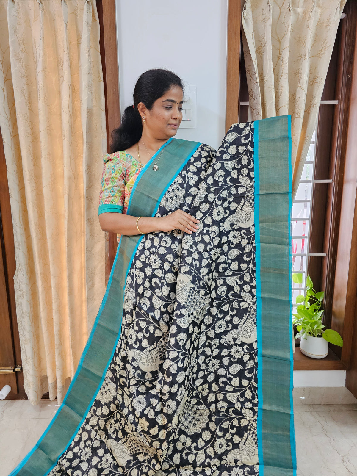 Black with Blue Pure Tussar Silk Saree with Zari Border