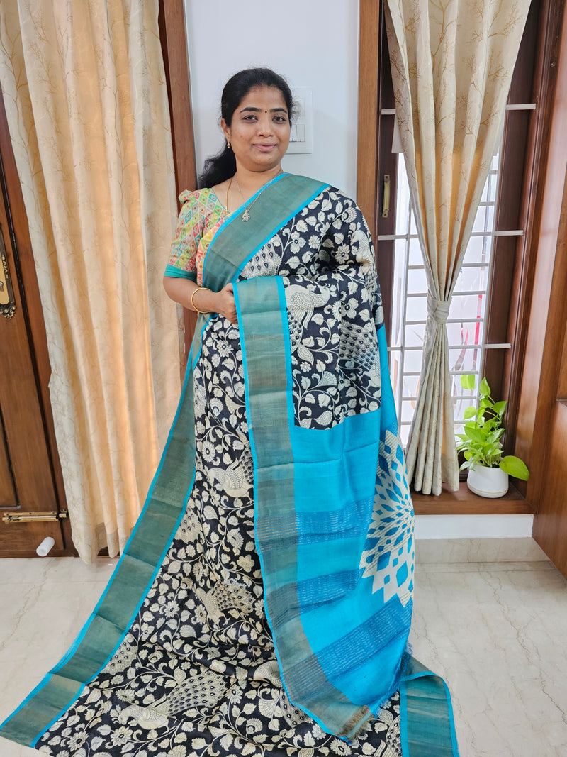 Black with Blue Pure Tussar Silk Saree with Zari Border