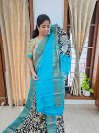 Black with Blue Pure Tussar Silk Saree with Zari Border