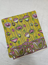 Cotton Kalamkari Saree - Lime Green with Pink