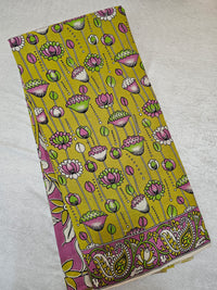 Cotton Kalamkari Saree - Lime Green with Pink
