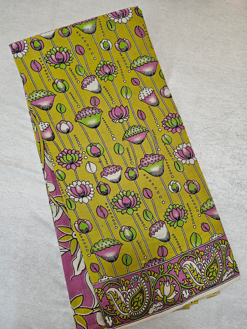 Cotton Kalamkari Saree - Lime Green with Pink