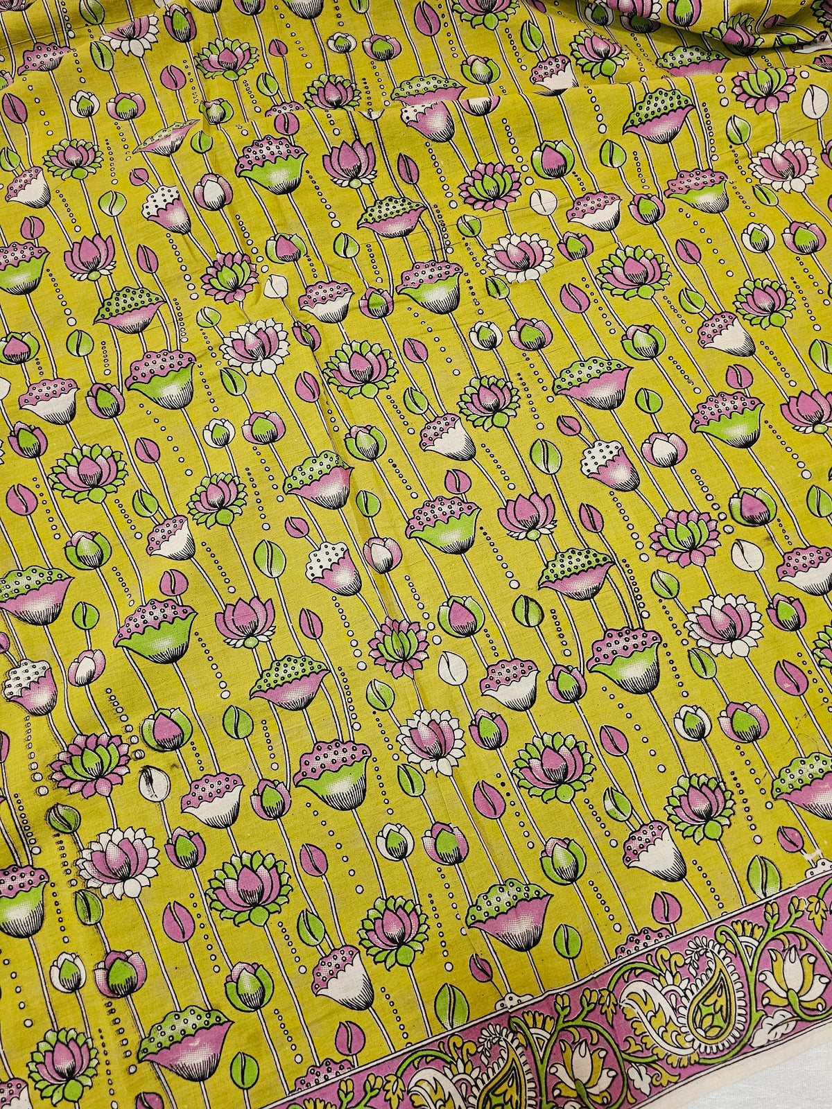 Cotton Kalamkari Saree - Lime Green with Pink