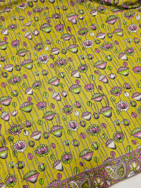 Cotton Kalamkari Saree - Lime Green with Pink