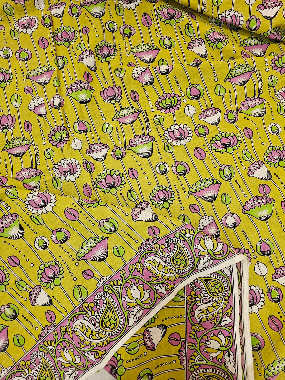 Cotton Kalamkari Saree - Lime Green with Pink