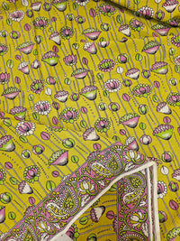 Cotton Kalamkari Saree - Lime Green with Pink
