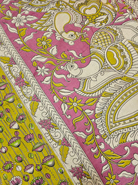 Cotton Kalamkari Saree - Lime Green with Pink